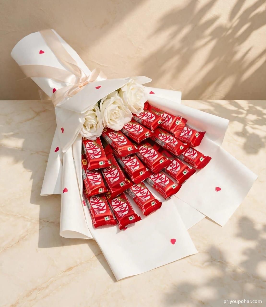 KitKat Chocolate Bouquet with White Roses - Gift for Her