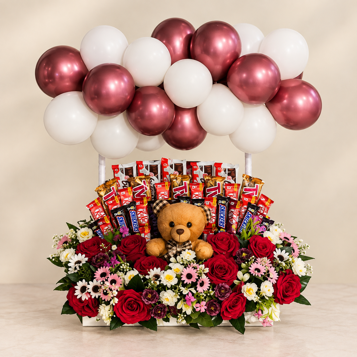 Luxury Chocolate, Teddy Bear & Rose Balloon Gift Hamper